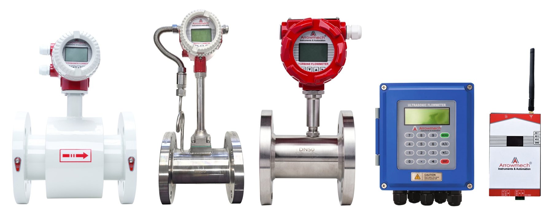The Arrowmech product family — electromagnetic, vortex, turbine, and ultrasonic flow meters with the IoT module